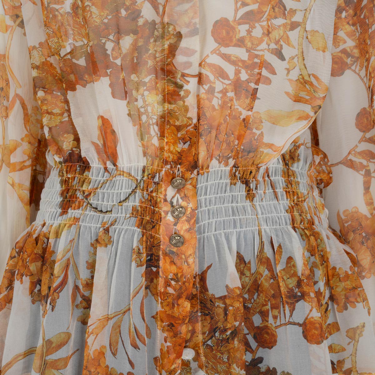 Chanel Cream Floral Silk Chiffon Shirred Waist Blouse FR 46