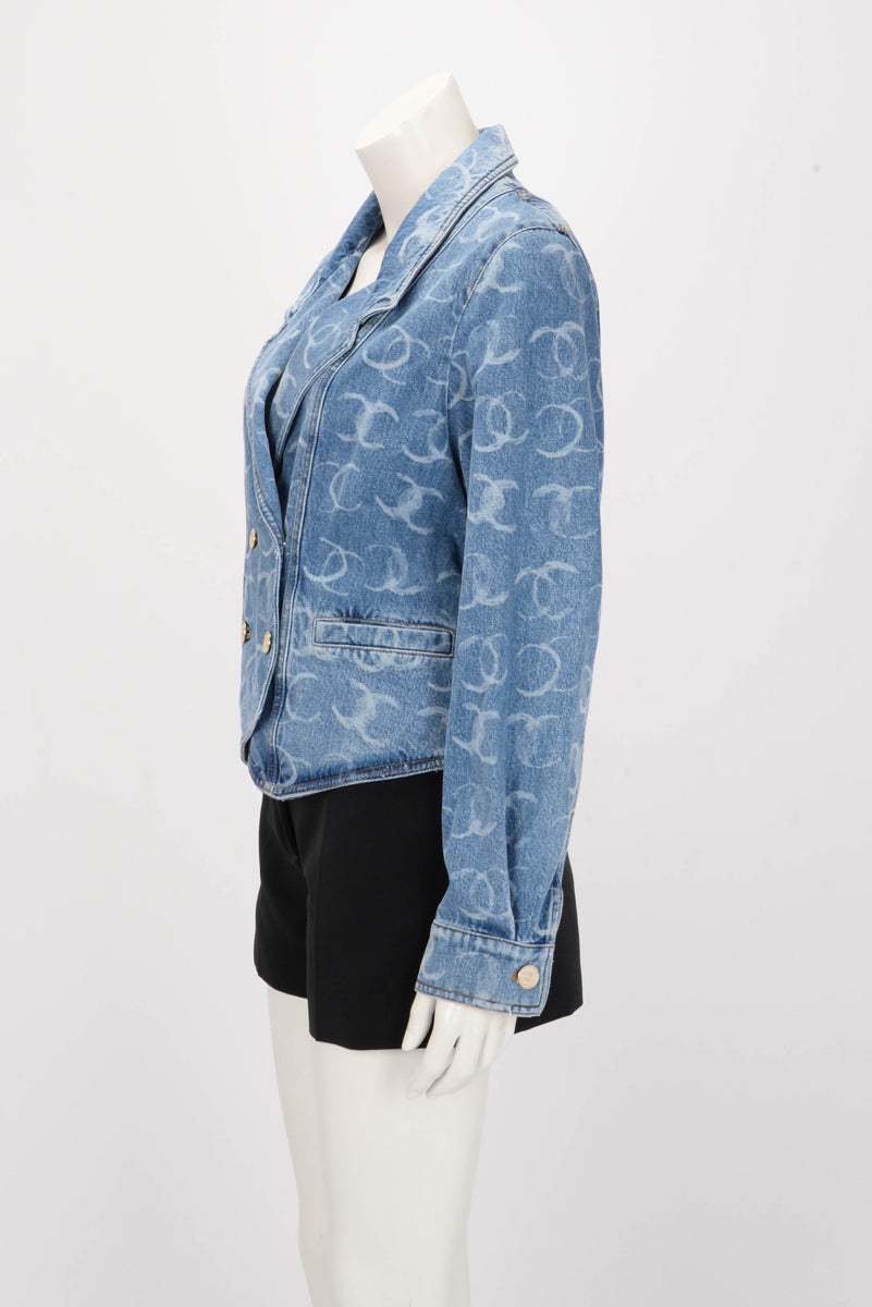 Chanel Light Blue Denim CC Double Breasted Jacket FR 36
