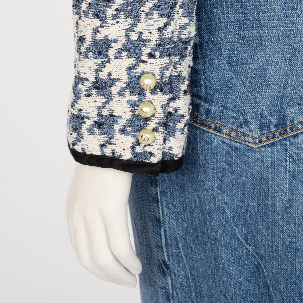 Dior Blue & White Houndstooth Tweed Cropped Jacket FR 38