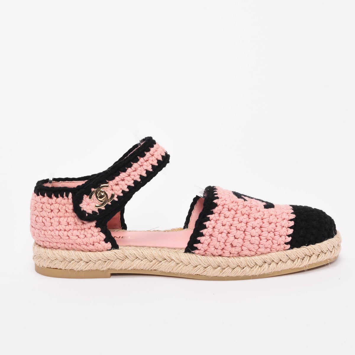 Chanel Pink & Black Crochet Knit CC Espadrilles 38.5