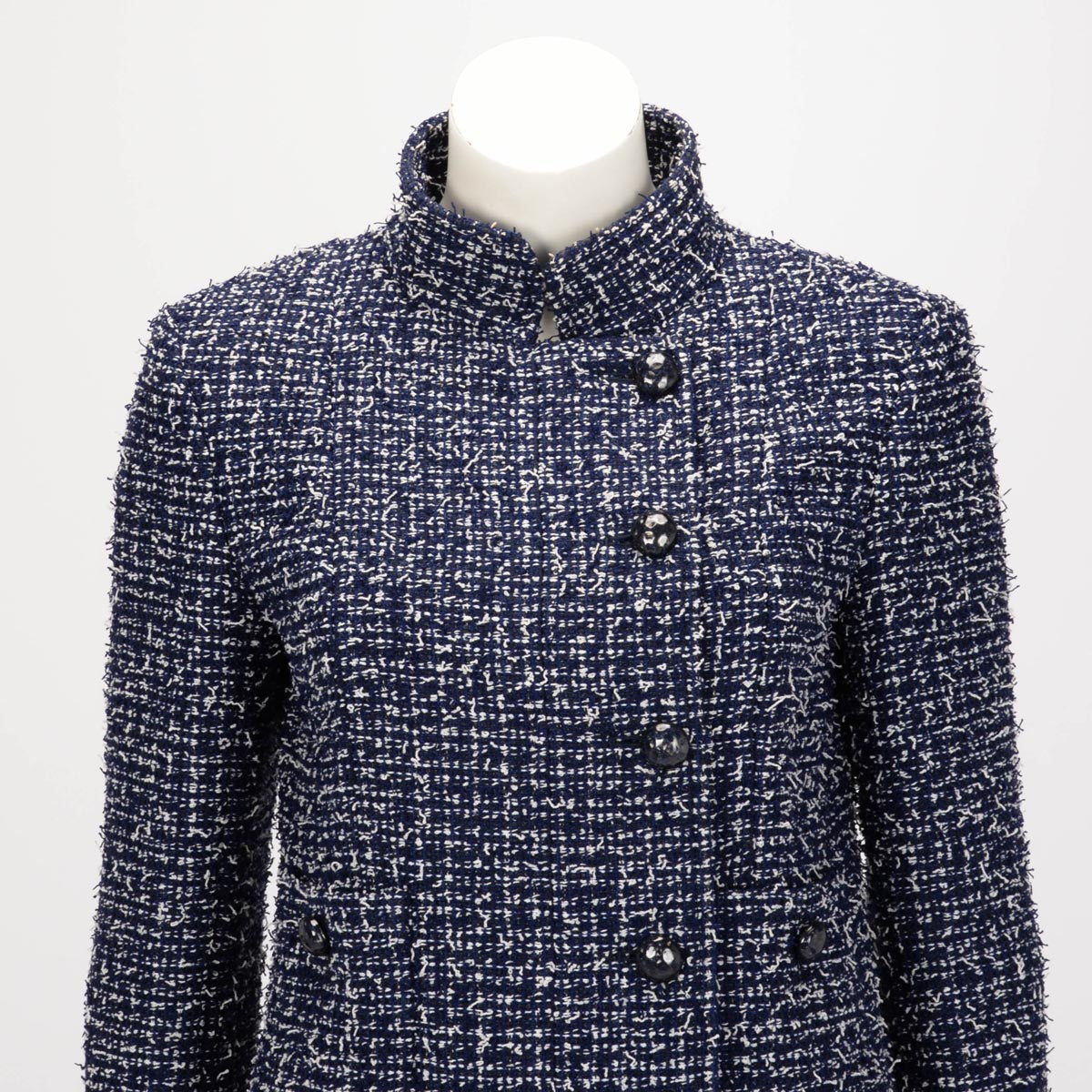 Chanel Navy & White Fantasy Tweed Military Collar Jacket FR 40