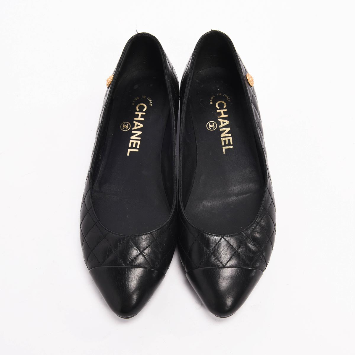 Chanel Black Quilted Camellia Charm Flats 37