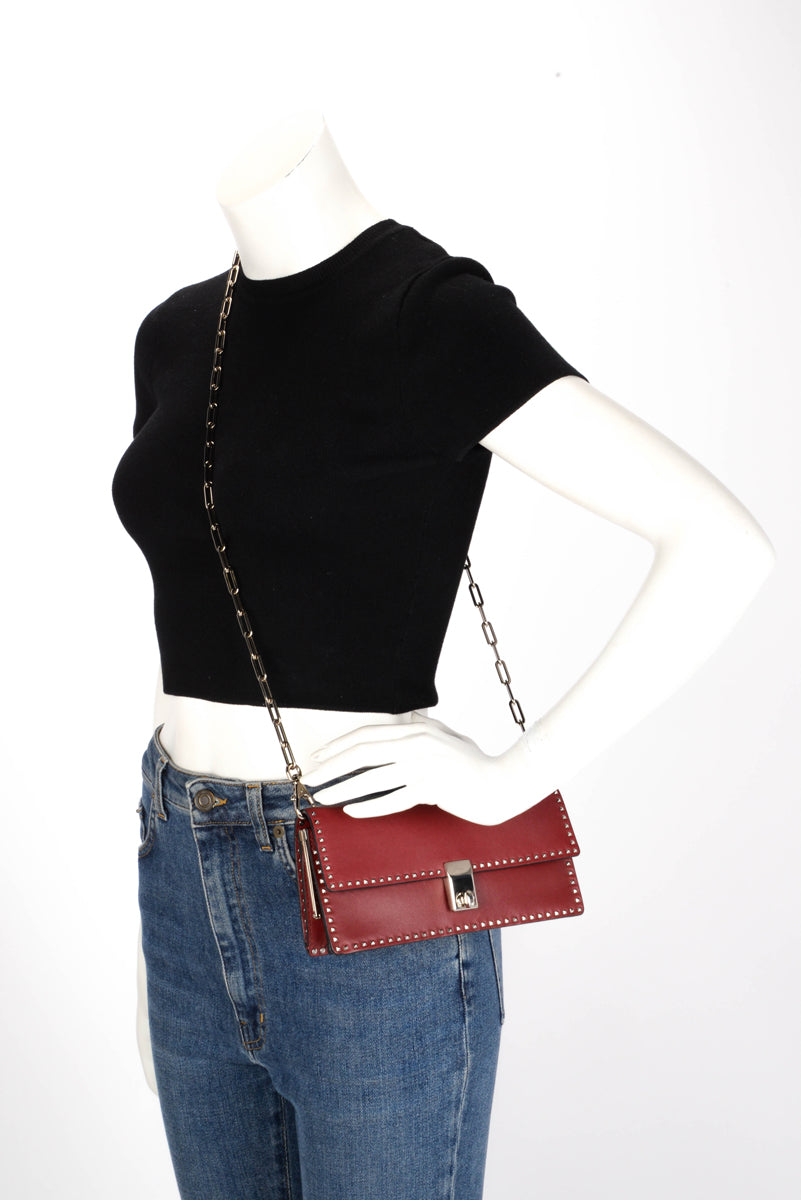 Valentino Burgundy Calfskin Mini Rockstud Chain Clutch