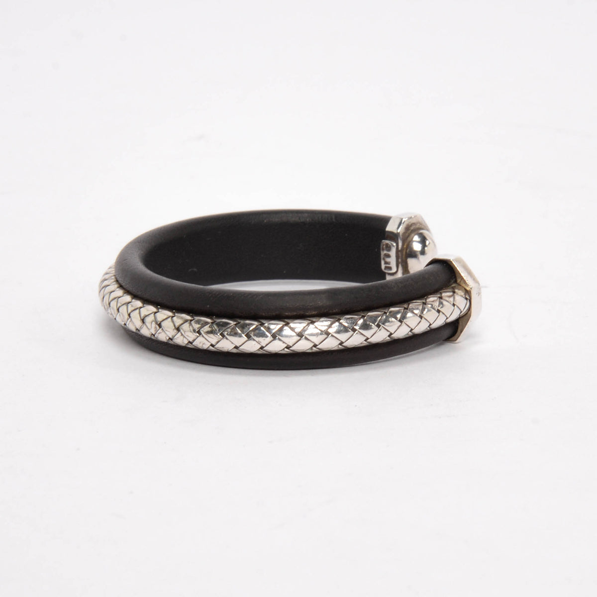 Bottega Veneta Black Leather & Silver Intrecciato Cuff