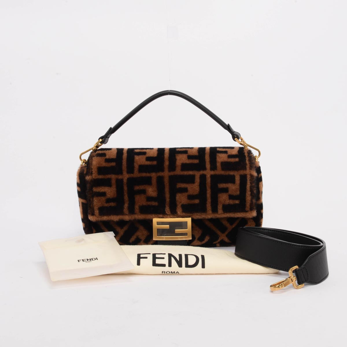 Fendi Brown FF Shearling Baguette Bag