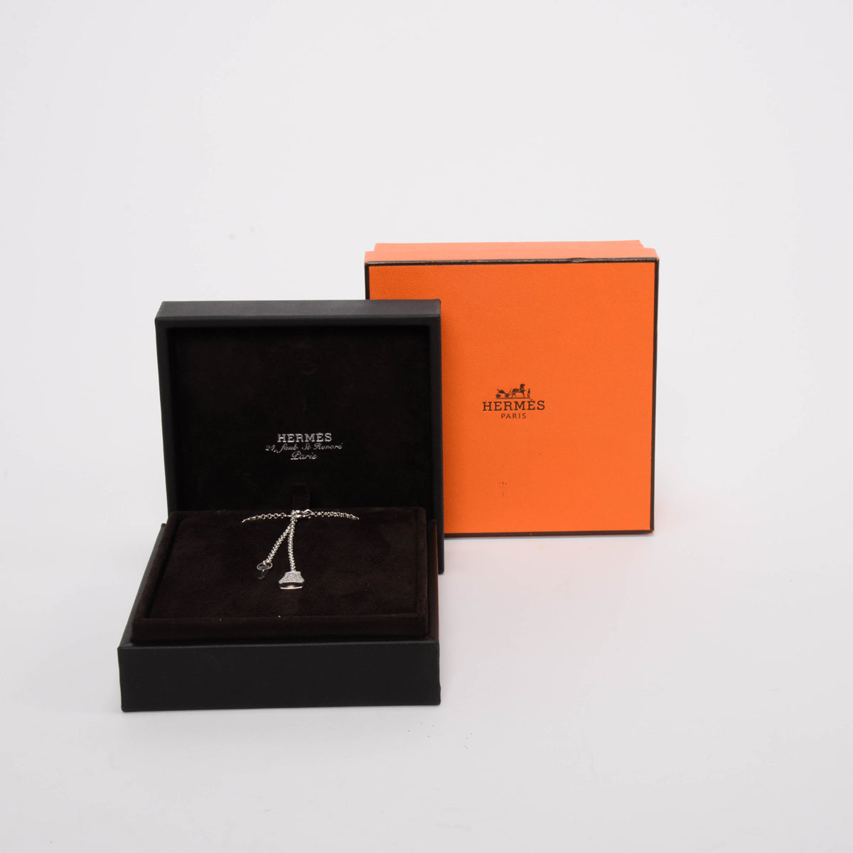 Hermes 18k White Gold & Diamond Small Model Kelly Clochette Necklace