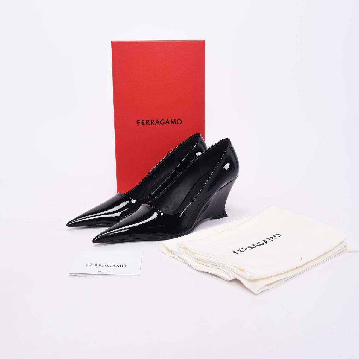 Ferragamo Black Patent Viola Wedges 10.5