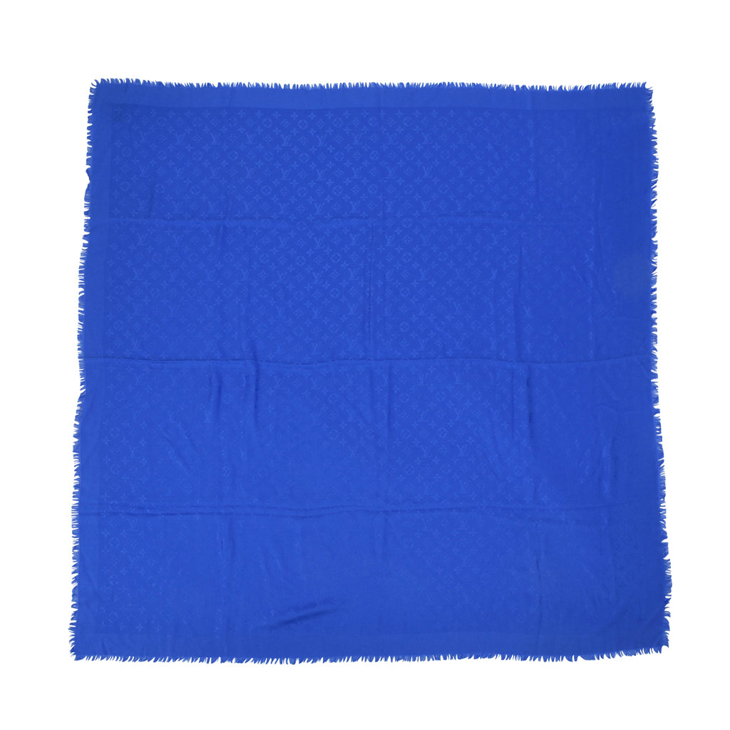 Louis Vuitton Blue Silk & Wool Monogram Classic Fringed Shawl