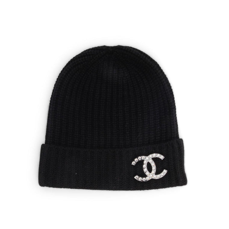 Chanel Black Cashmere Beanie with Removable CC Brooch
