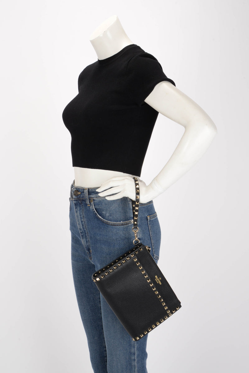 Valentino Black Grained Calfskin Rockstud Wristlet Pouch