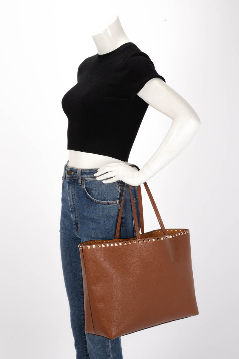 Valentino Tan Grainy Calfskin Rockstud Tote