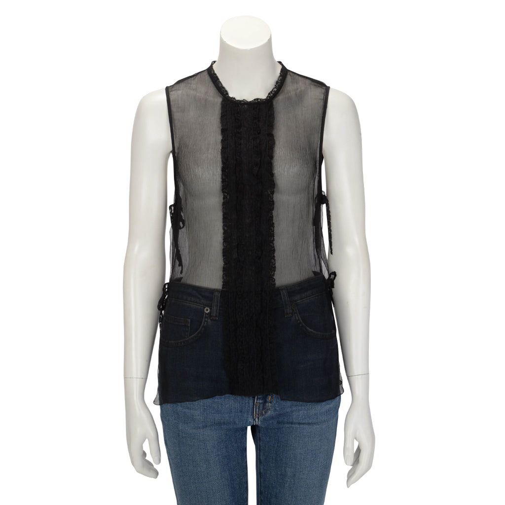 Chanel Black Silk & Lace Tie Side Sleeveless Blouse FR 42