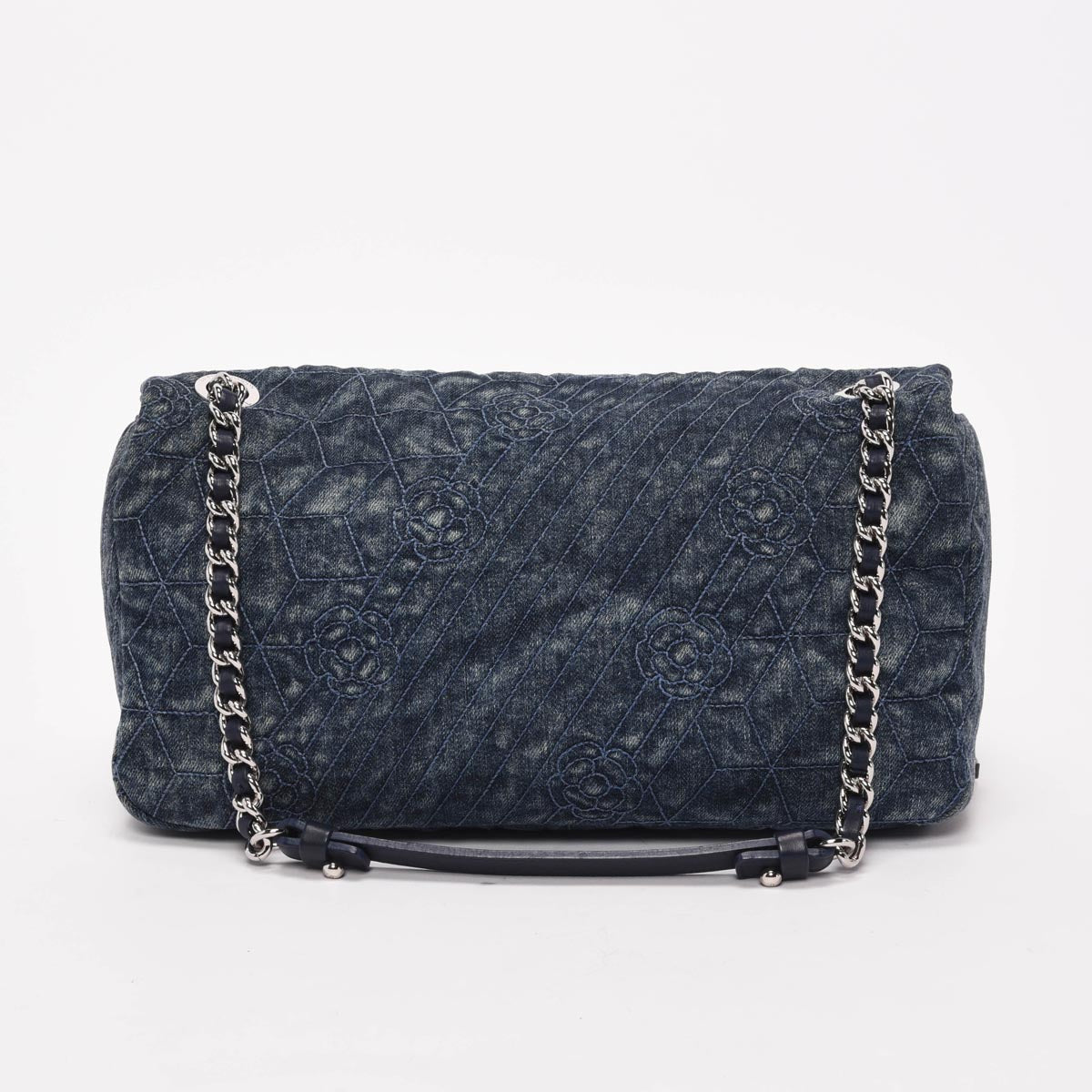 Chanel Dark Blue Denim Camellia Embroidered Large Flap Bag