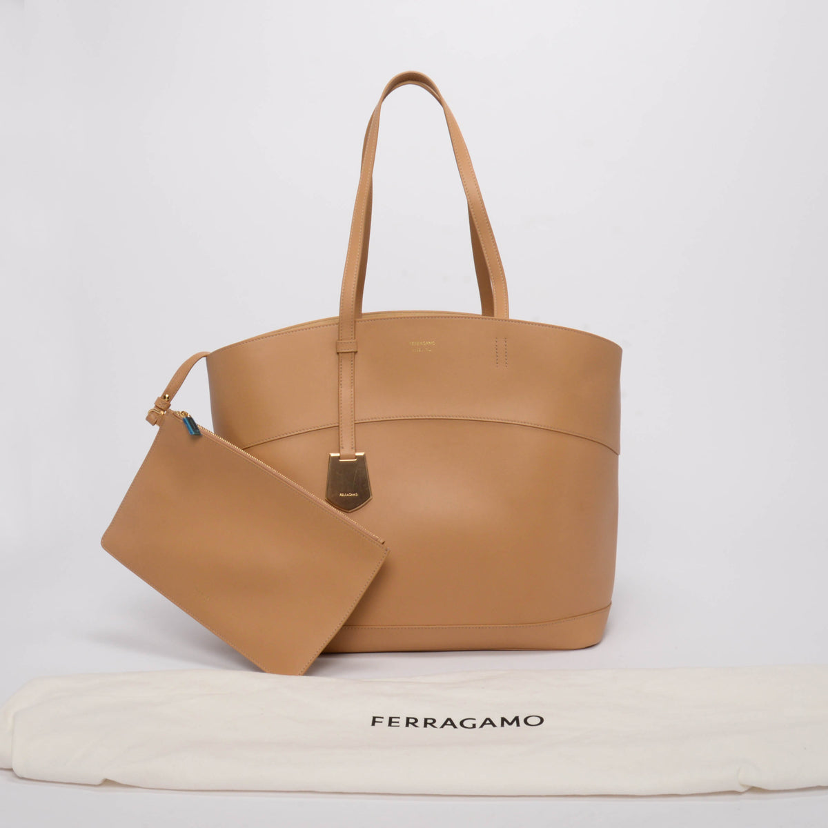 Ferragamo Light Camel Smooth Calfskin Charming XL Tote
