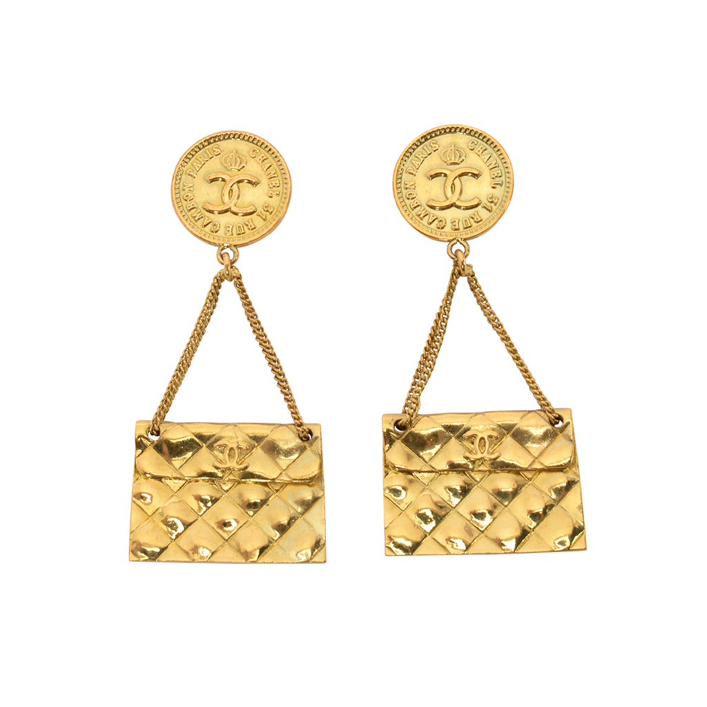 Chanel Vintage Gold Plated Handbag Motif Clip Earrings