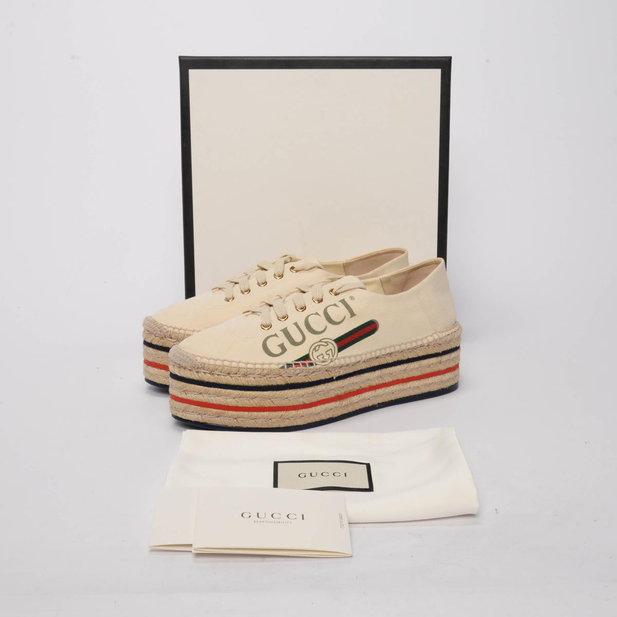 Gucci Ecru Canvas Logo Platform Espadrille Sneakers 41