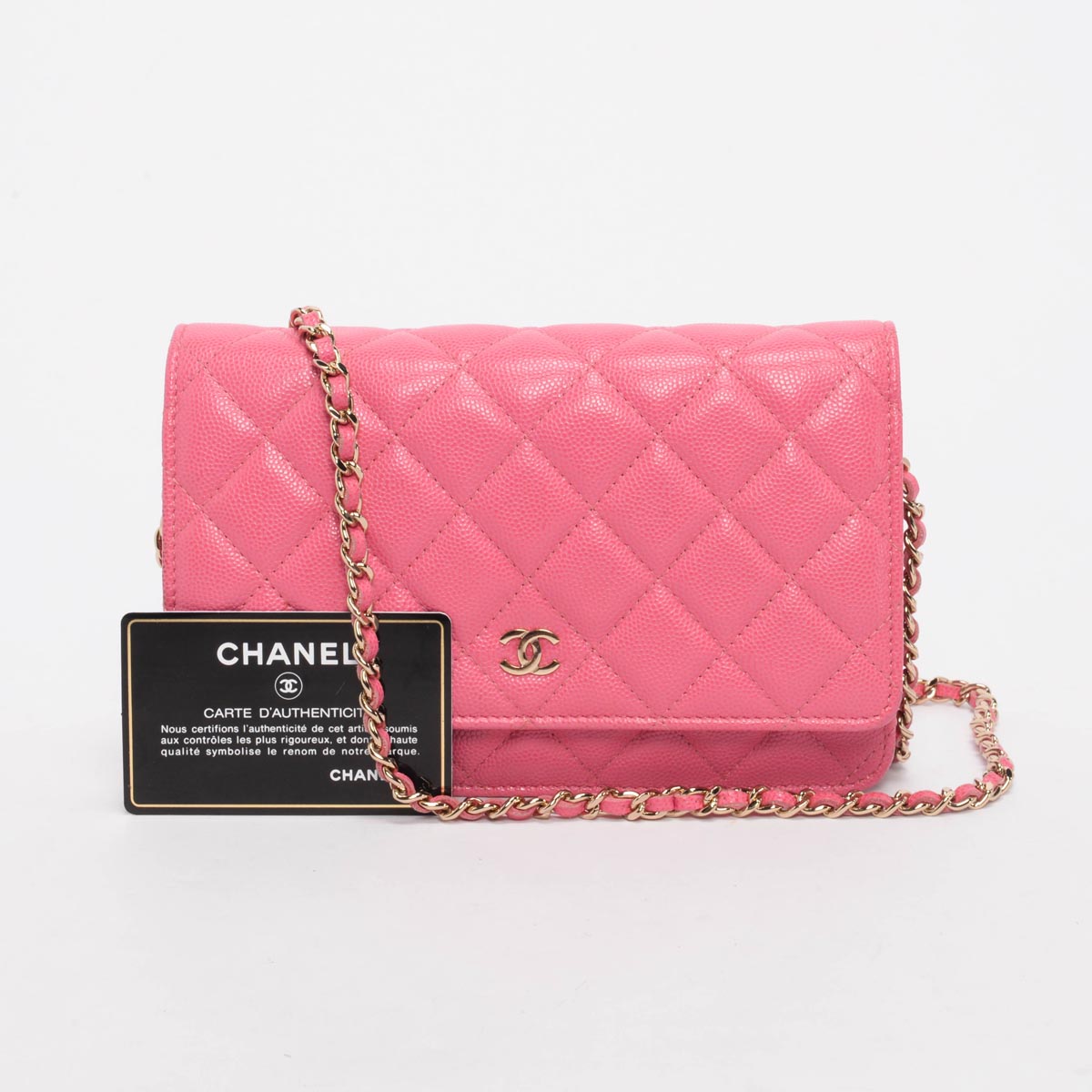 Chanel Pink Quilted Caviar Classic Wallet On Chain