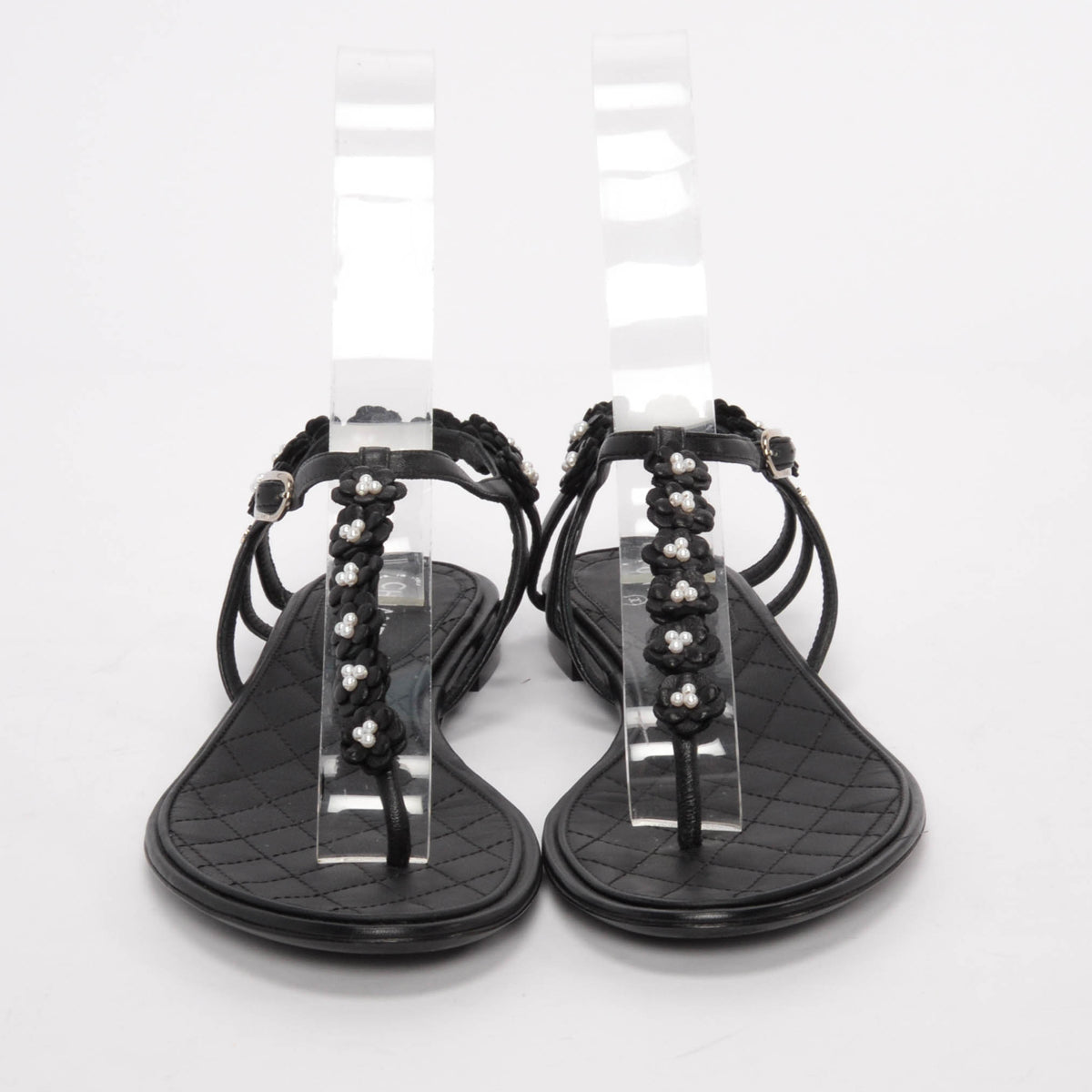 Chanel Black Lambskin & Pearl Camellia Thong Sandals 37