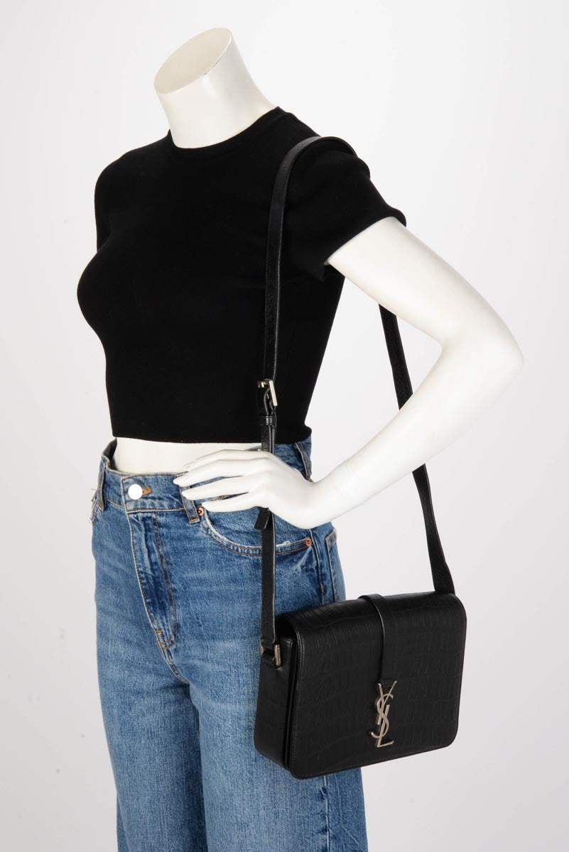 Saint Laurent Black Croc Embossed Medium Universite Shoulder Bag
