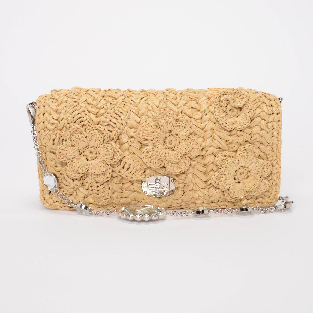 Miu Miu Beige Raffia Crystal Shoulder Bag