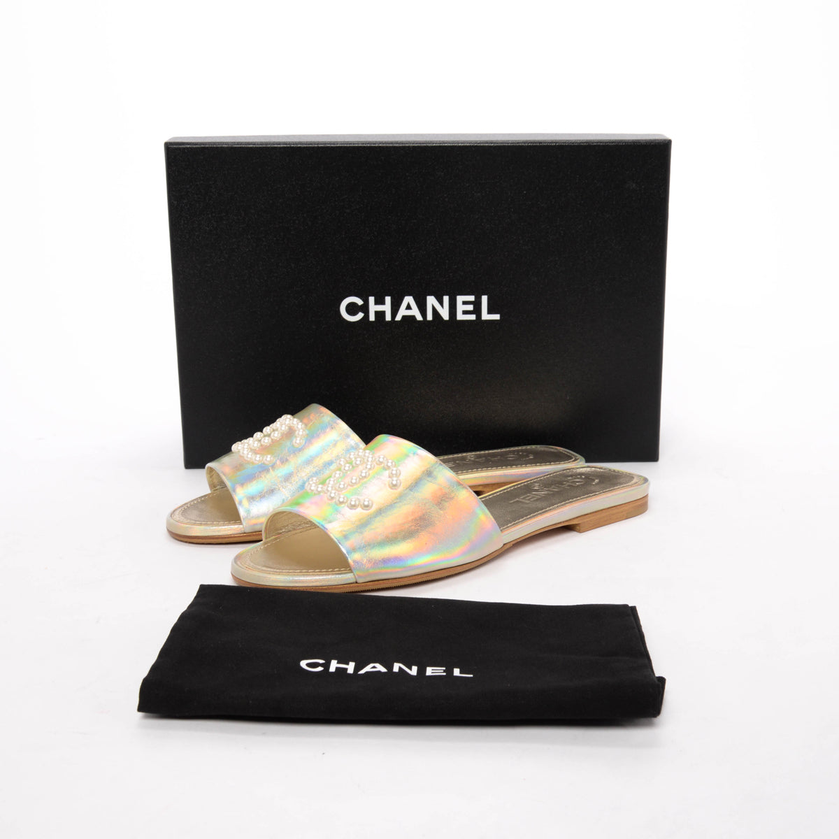 Chanel Champagne Iridescent Leather CC Pearl Slides 39