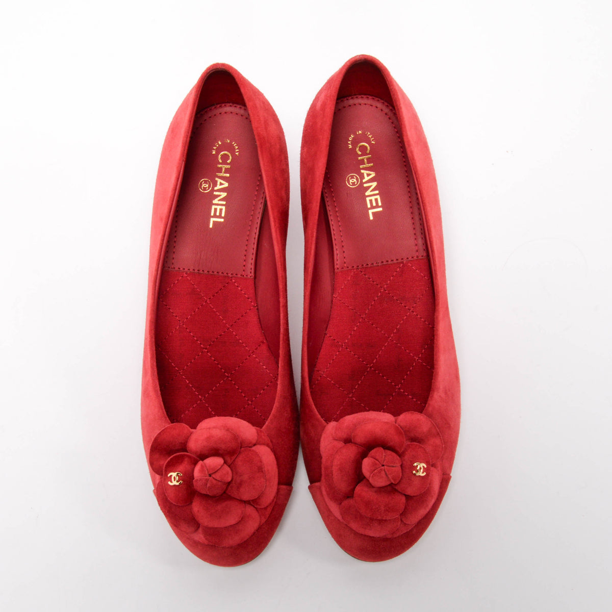 Chanel Red Suede Camellia Pumps 40.5