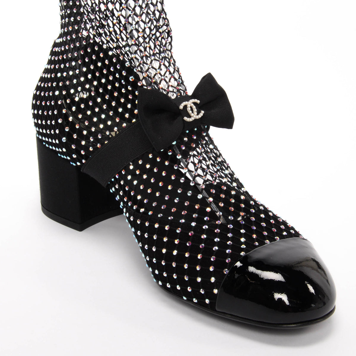 Chanel Black Crystal Net Mary Jane Short Boots 38.5