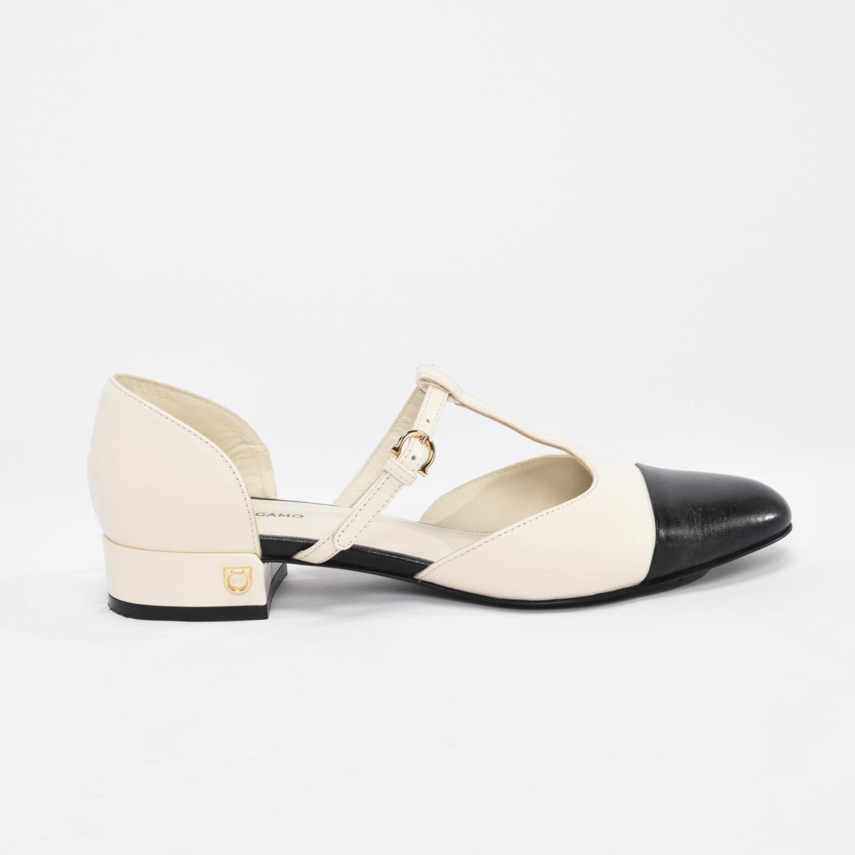 Ferragamo White & Black Goatskin Linette Cap Toe Mary Janes 6