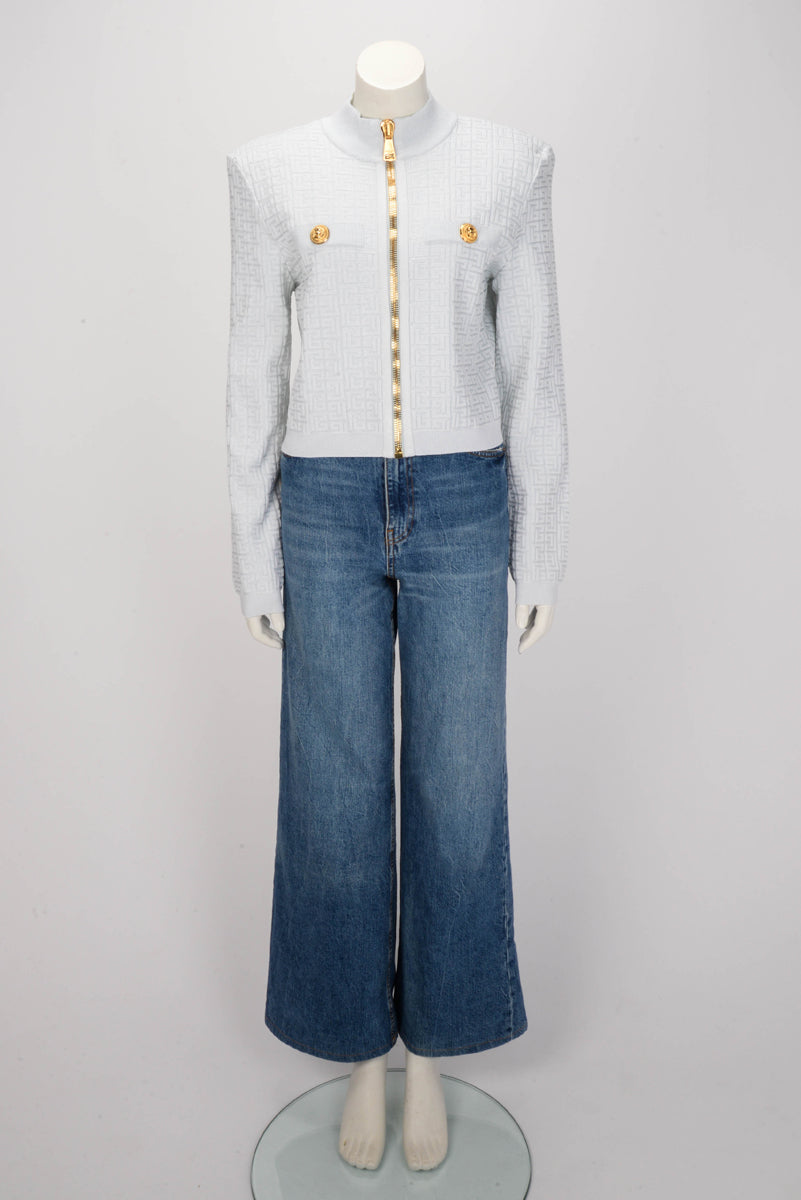 Balmain Light Blue Jacquard Knit Monogram Zip Jacket FR 46