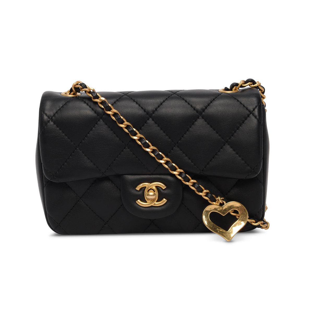 Chanel Black Lambskin Mini Rectangular Heart Chain Flap Bag