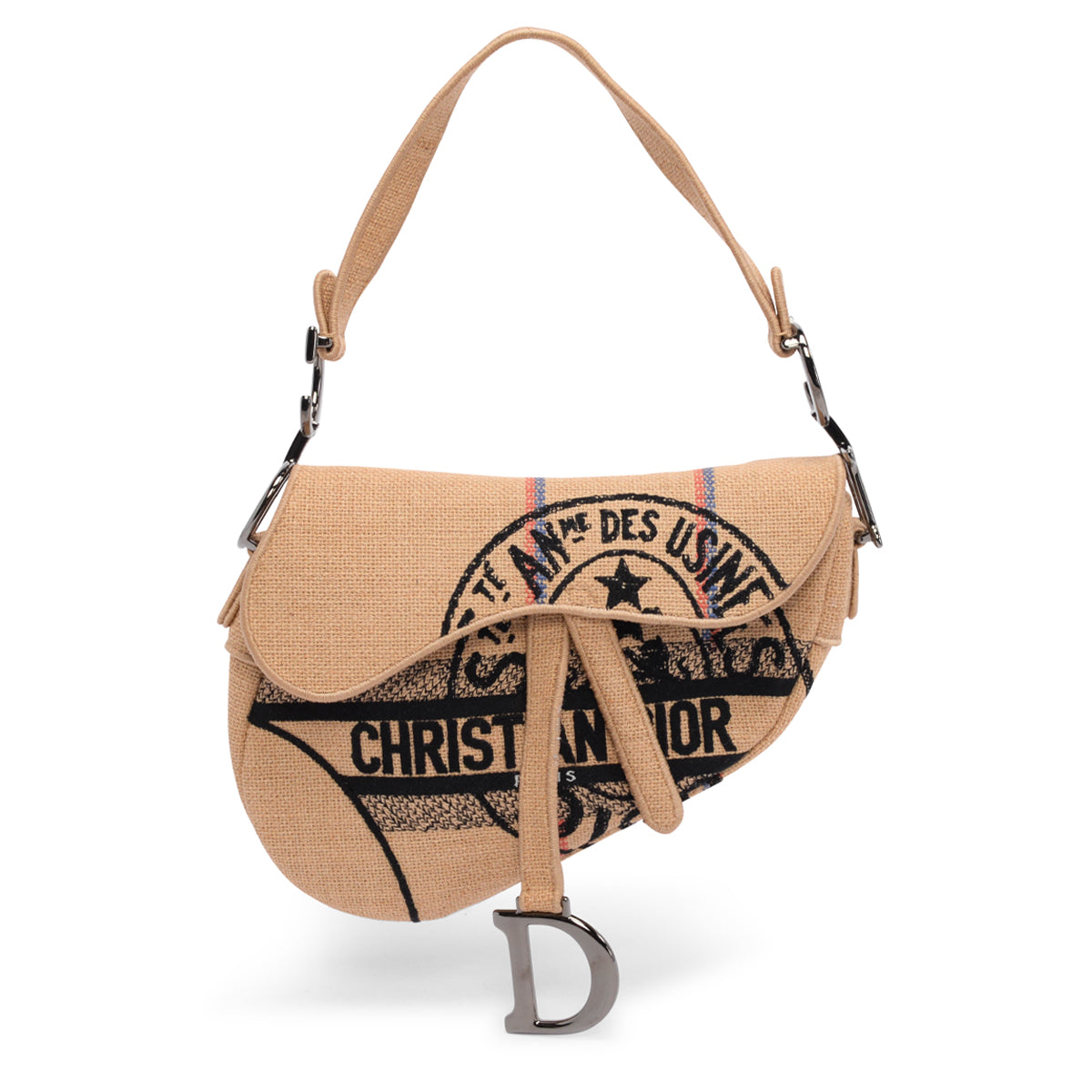 Dior Beige Woven Raffia Embroidered Saddle Bag