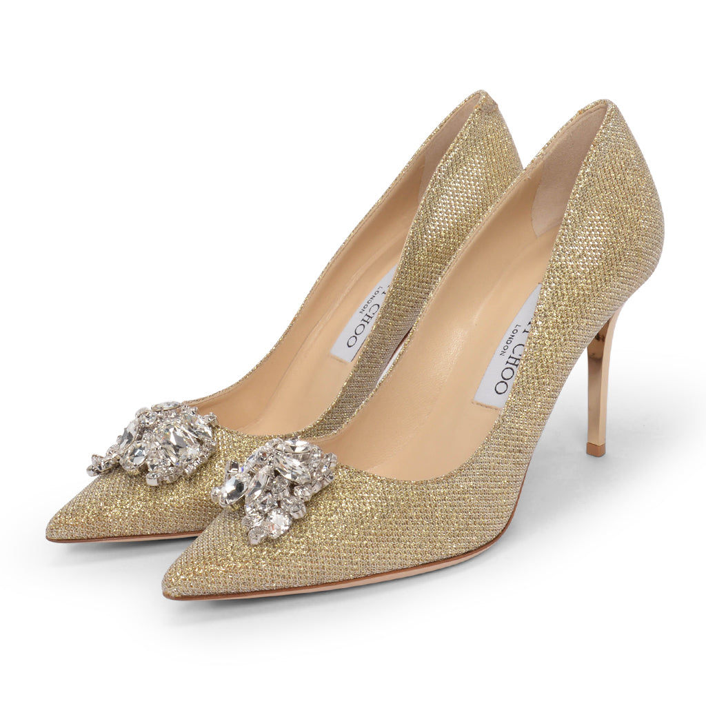 Jimmy Choo Gold Lurex Crystal Mamey Pumps 37