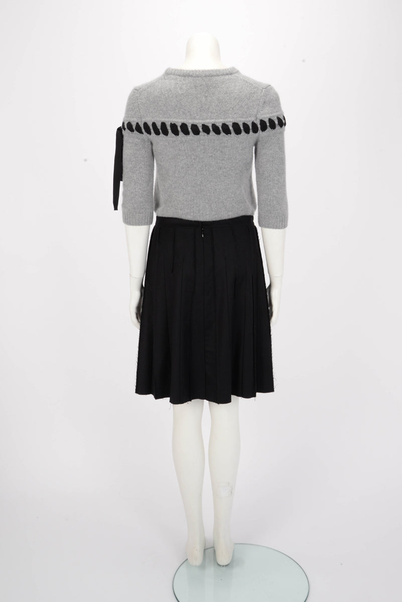 Chanel Black Wool Frayed Edge Pleated Skirt FR 40