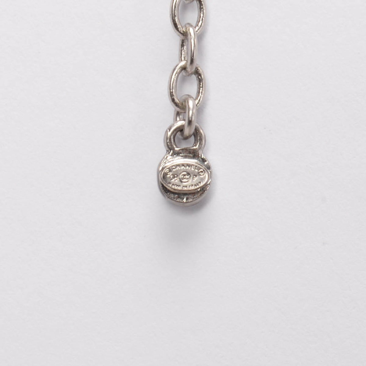 Chanel Vintage Silver Baguette Crystal & Pearl Bow Necklace