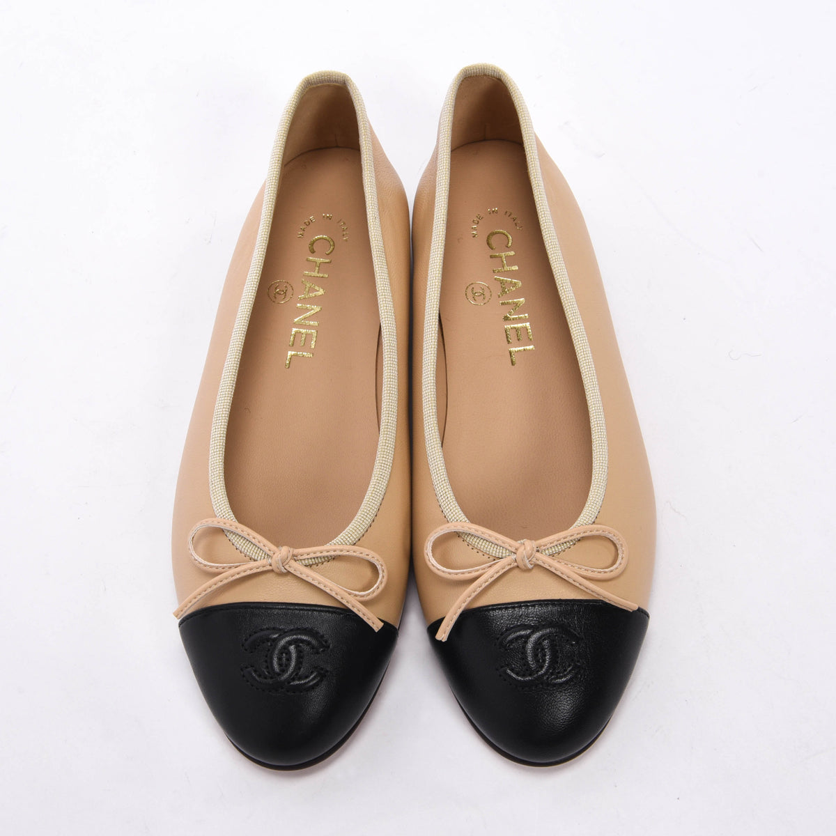 Chanel Beige & Black Lambskin CC Ballet Flats 36
