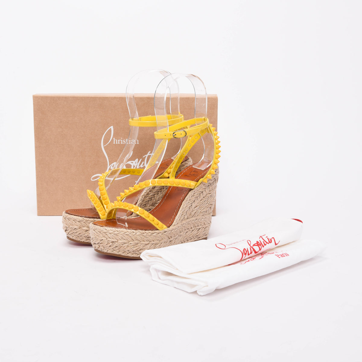Christian Louboutin Yellow Raffia Mafaldina Zeppa Studded Wedges