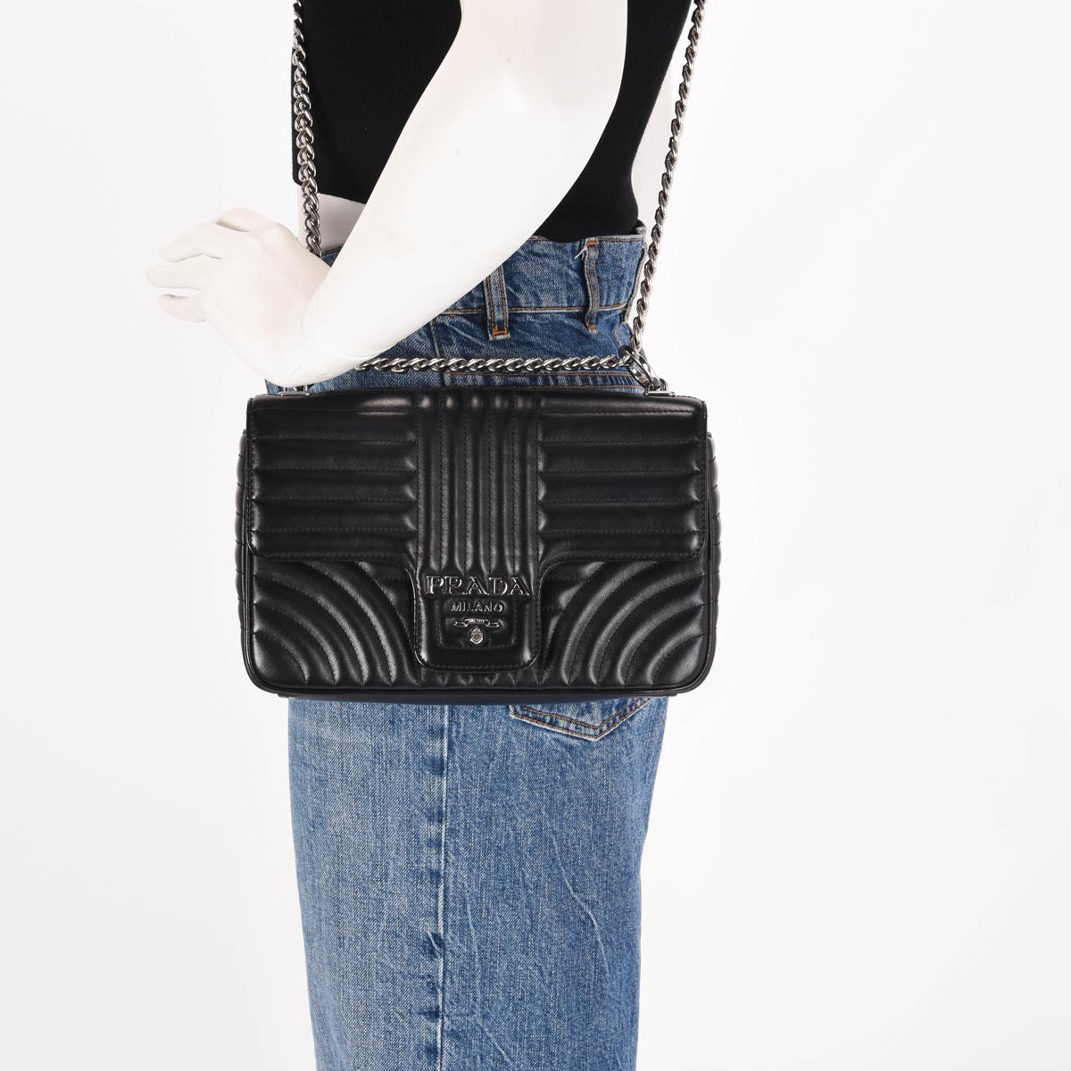 Prada Black Soft Calfskin Impunture Diagramme Medium Bag