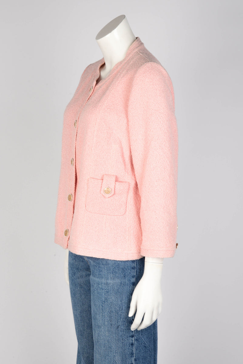 Chanel Pink Boucle Tweed Pearl CC Jacket FR 46