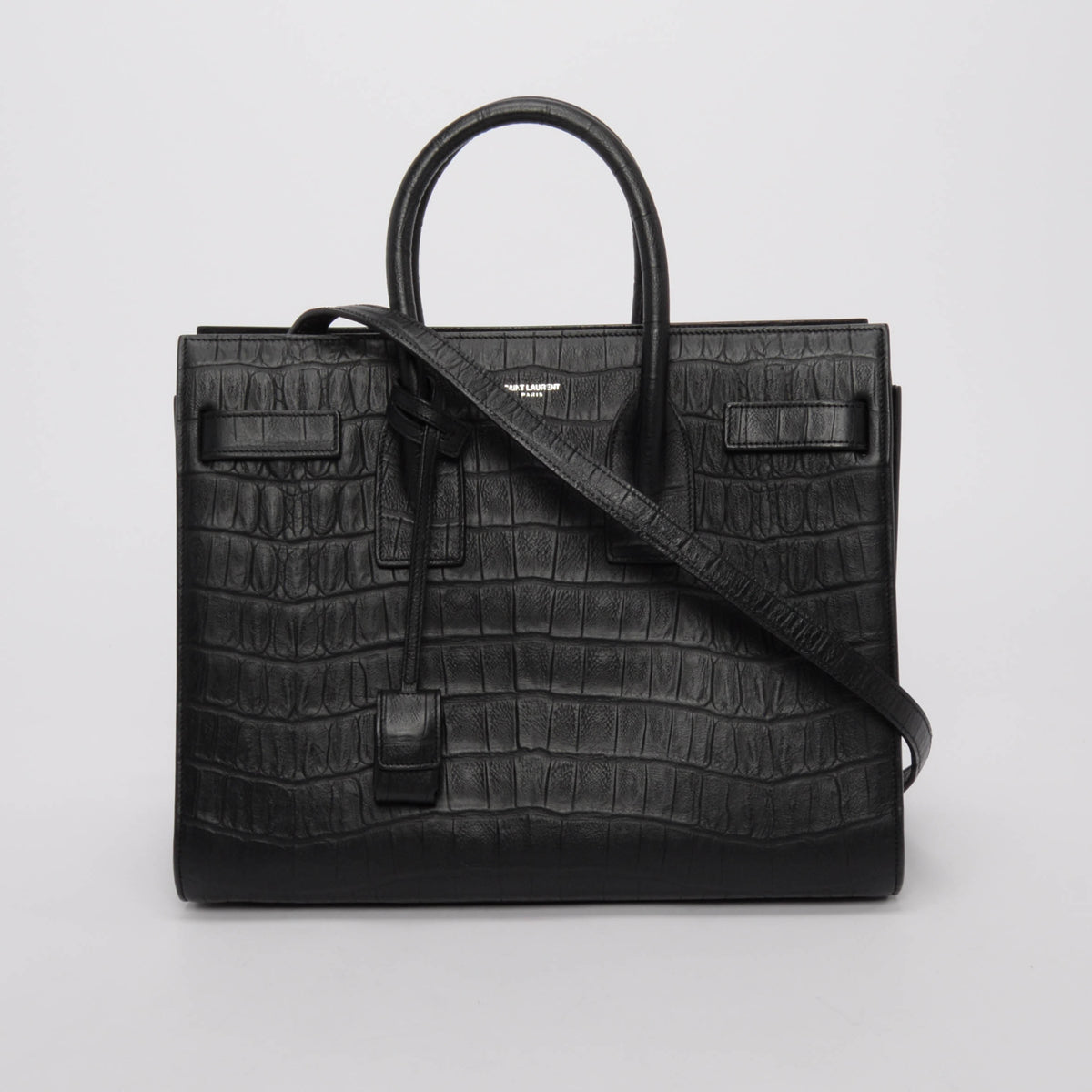 Saint Laurent Black Croc Embossed Small Sac de Jour Tote