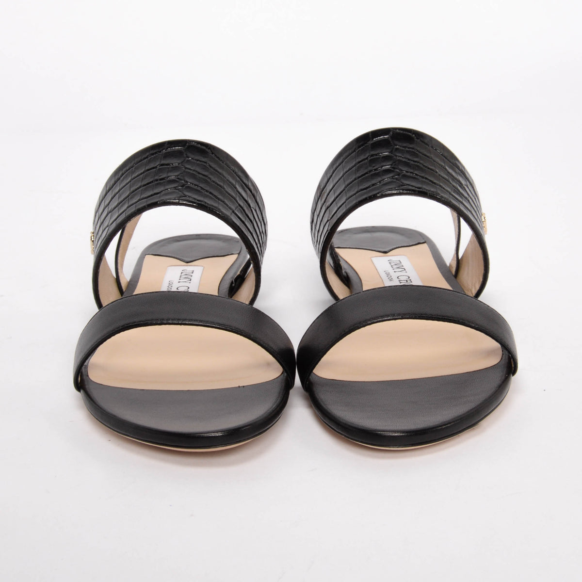 Jimmy Choo Black Nappa & Croc Embossed Seia Flat Sandals 38