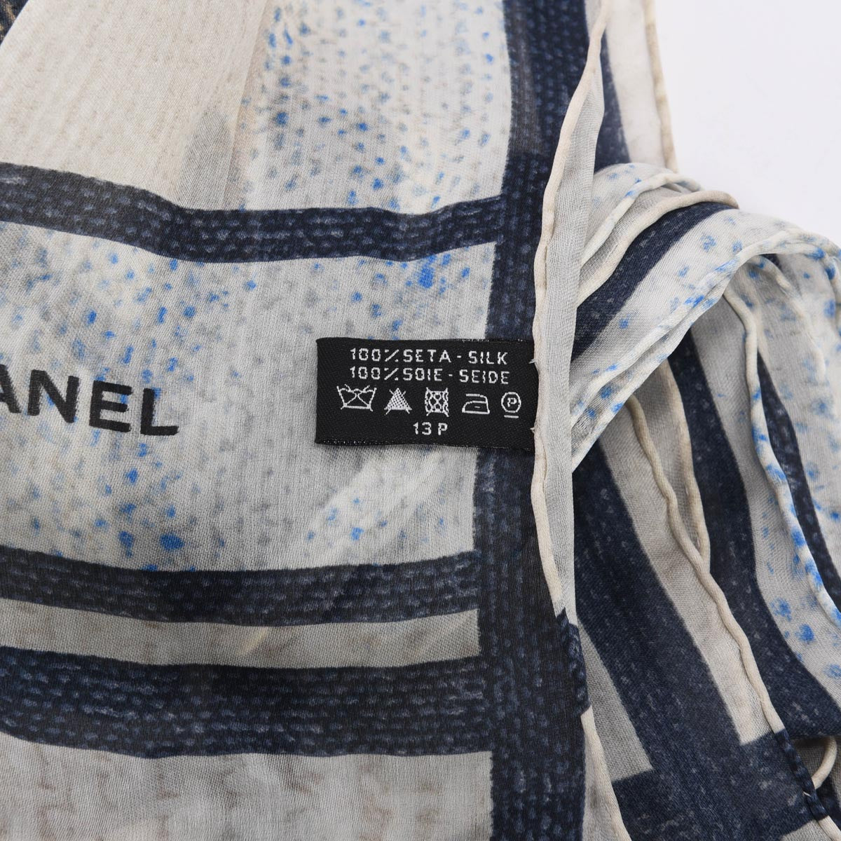 Chanel Cream & Blue Silk Chiffon CC Camellia Scarf