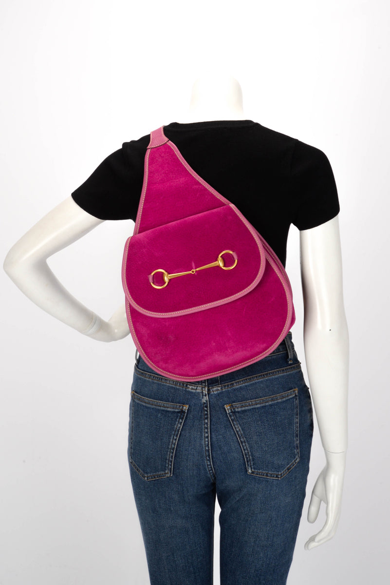 Gucci Vintage Bright Pink Suede Horsebit Sling Bag