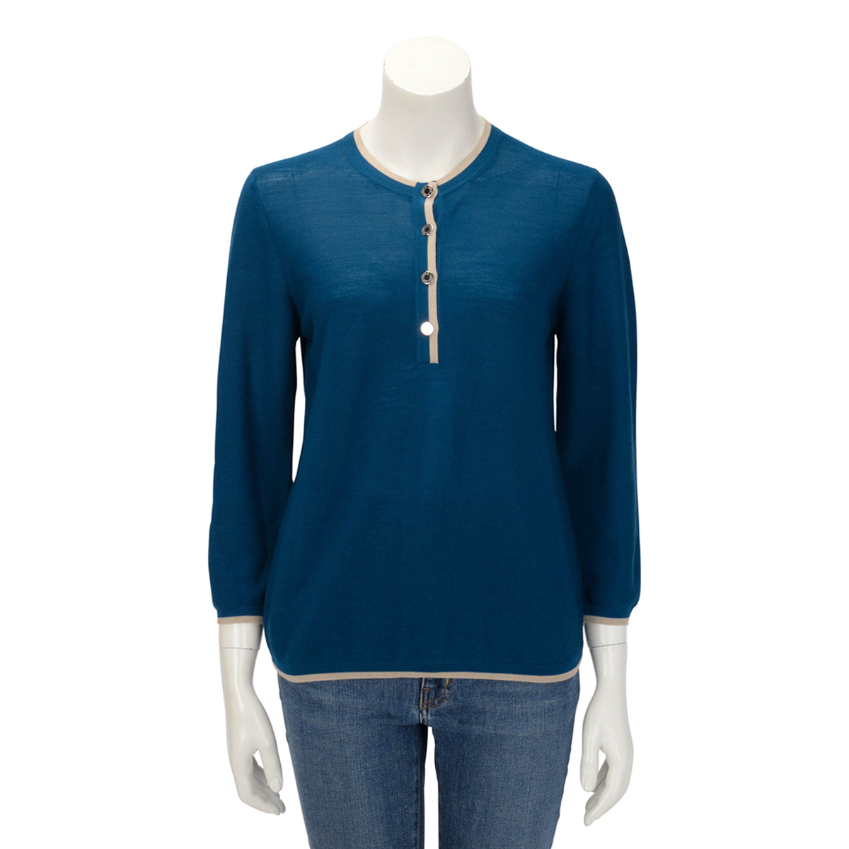 Hermes Teal Wool Contrast Trim Sweater FR 40