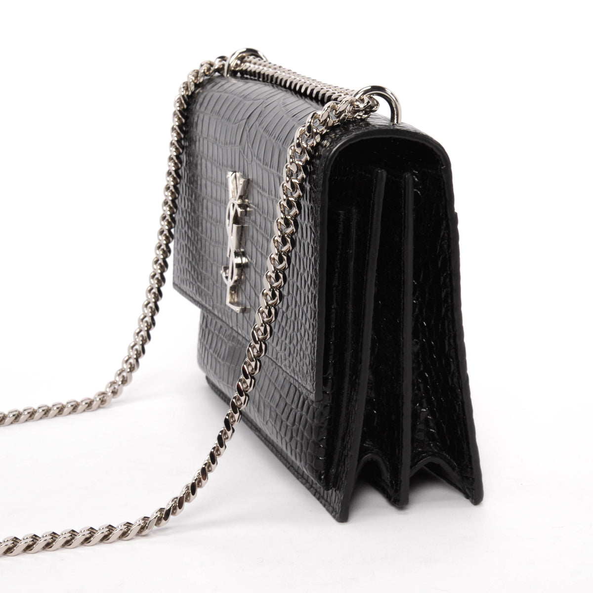 Saint Laurent Black Croc Embossed Medium Sunset Bag