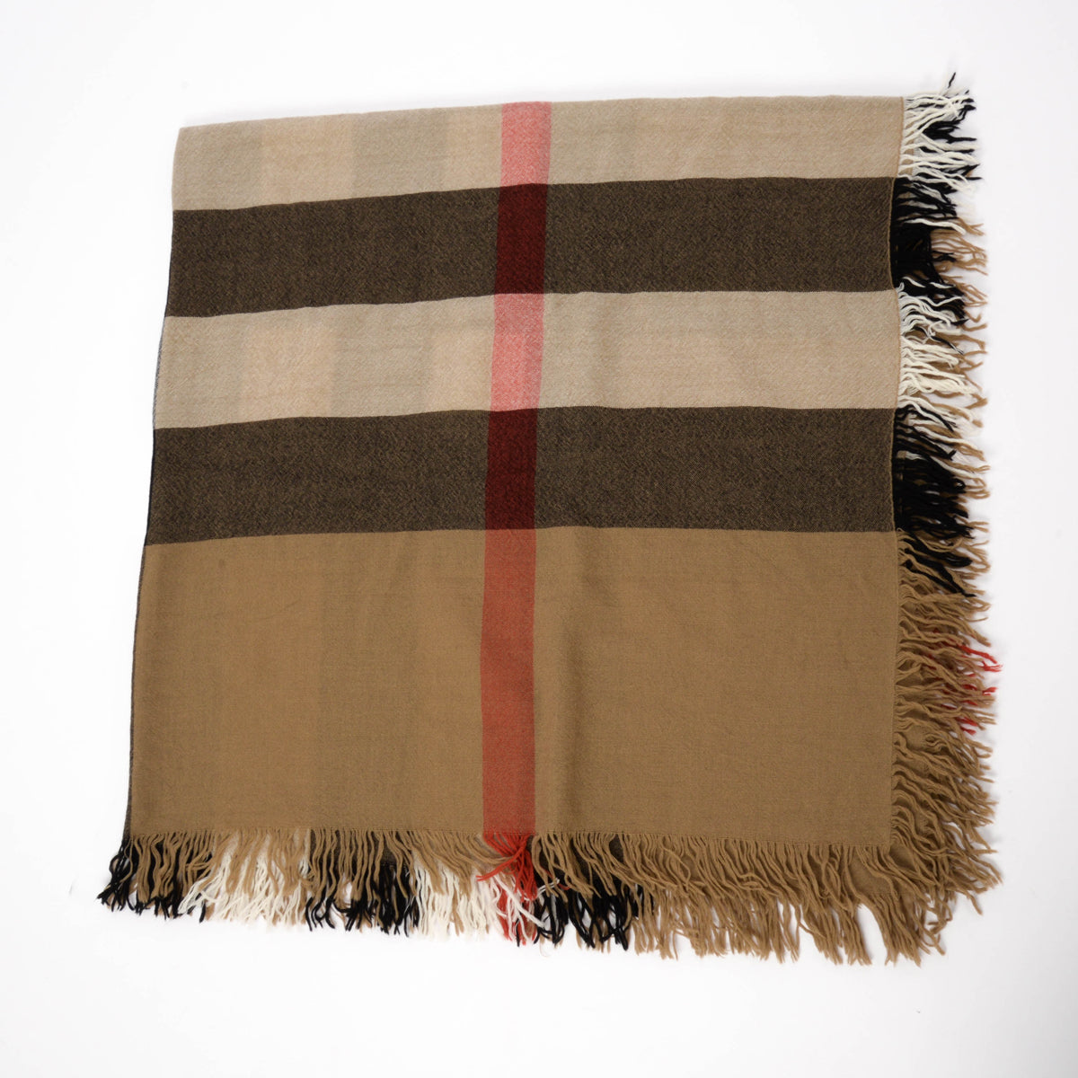 Burberry Beige Wool Crepe House Check Fringed Scarf
