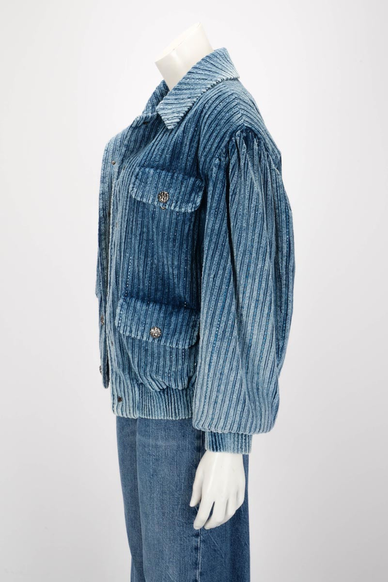 Chanel Blue Velvet & Strass Bomber Jacket FR 34