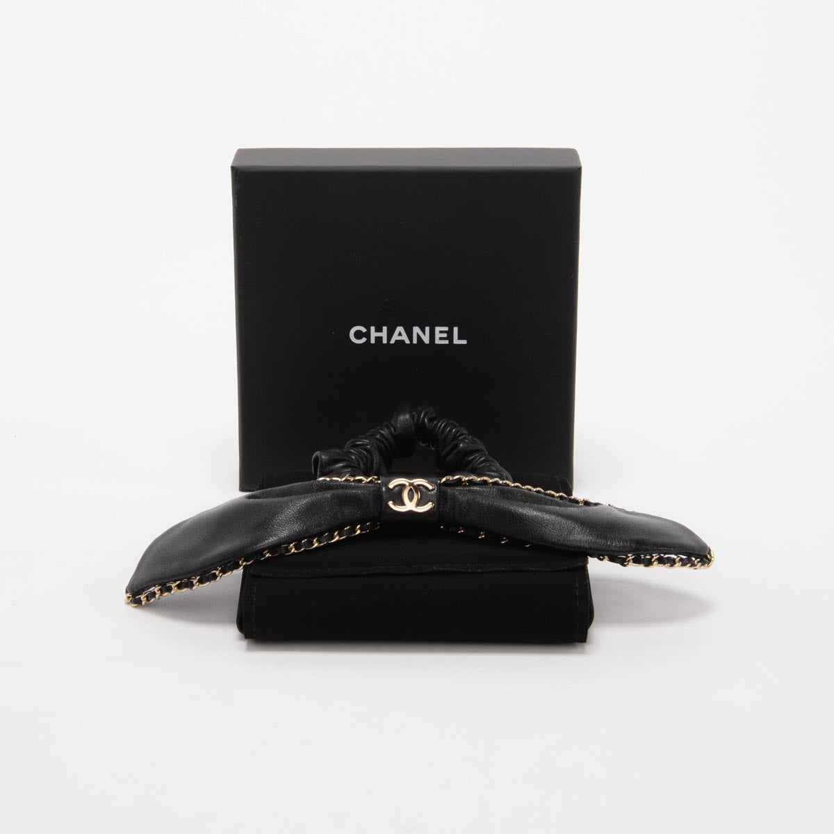 Chanel Black Lambskin CC Chain Bow Scrunchie