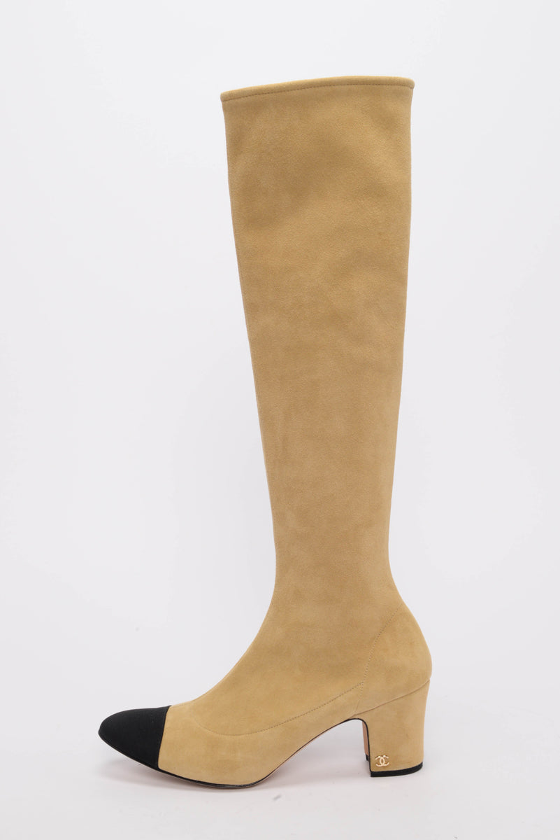 Chanel Beige Stretch Suede Knee Length Boots 40.5