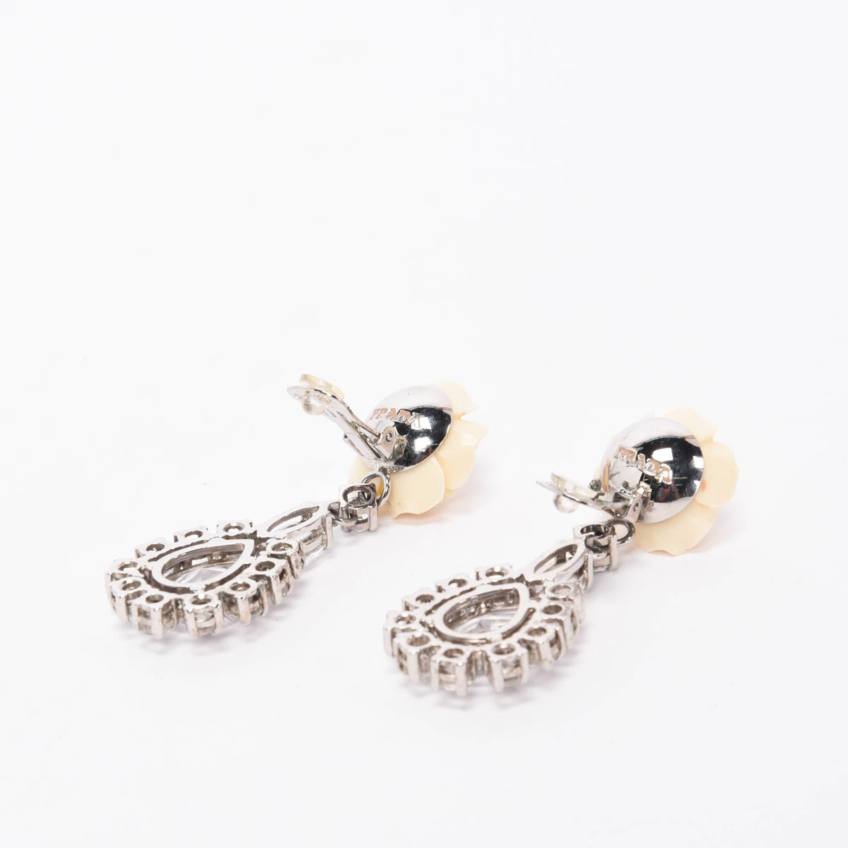 Prada Cream & Silver Crystal Rose Drop Clip Earrings