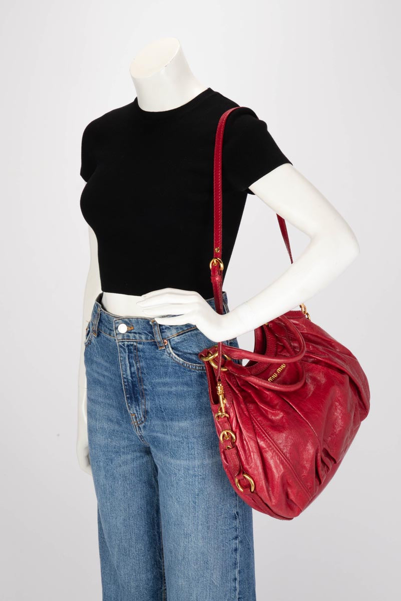 Miu Miu Red Vitello Pleated Hobo Bag